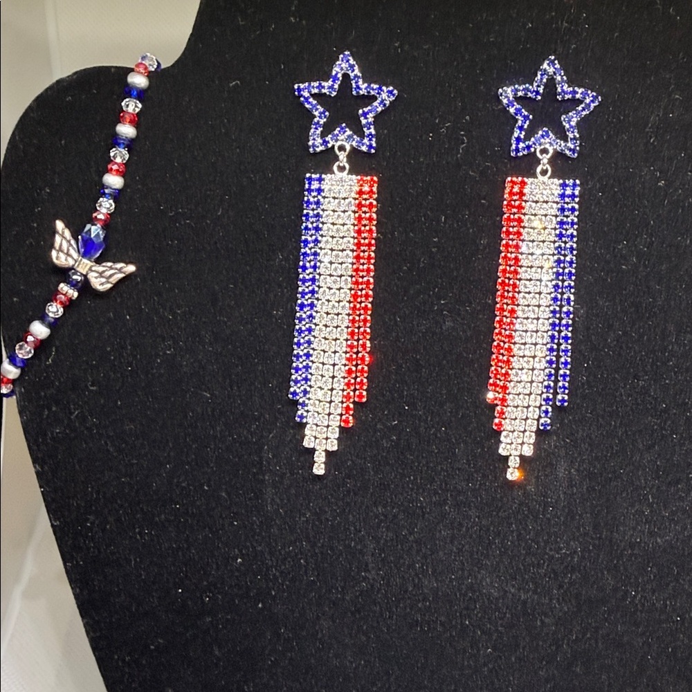 Patriotic Bracelet Beaded with Eagle Charm and Sparkly Pierced Earrings Set